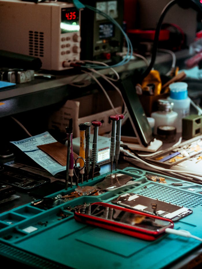 Detailed view of a tech repair workspace with tools and electronics parts.